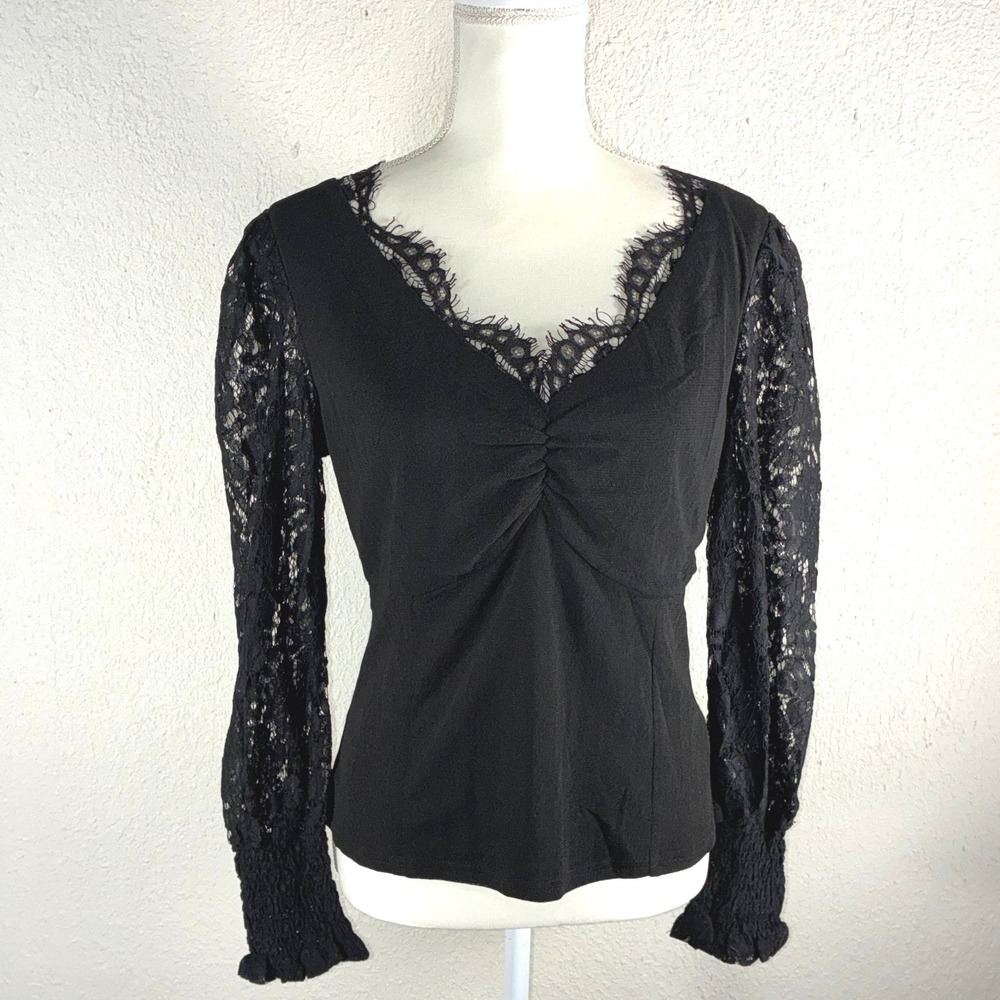 Ember Black Lace V-Neck Long Sleeve Blouse Eyelash Trim SB4508 XL
